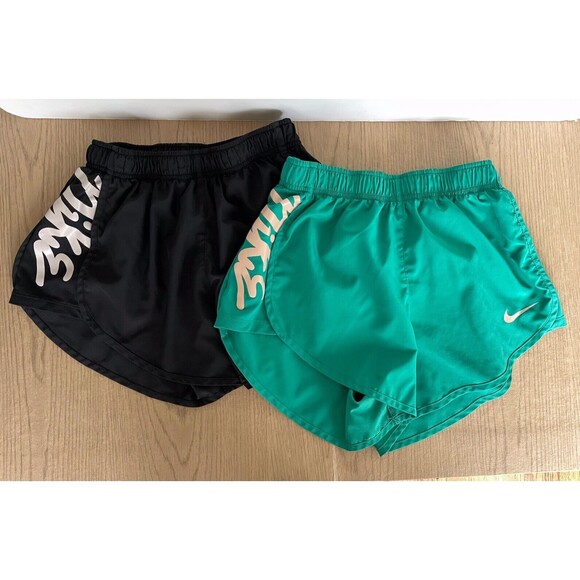 2 Pair of Nike Dry-Fit Tempo Shorts Size Small Black & Green w/ Script Logo - Picture 1 of 13